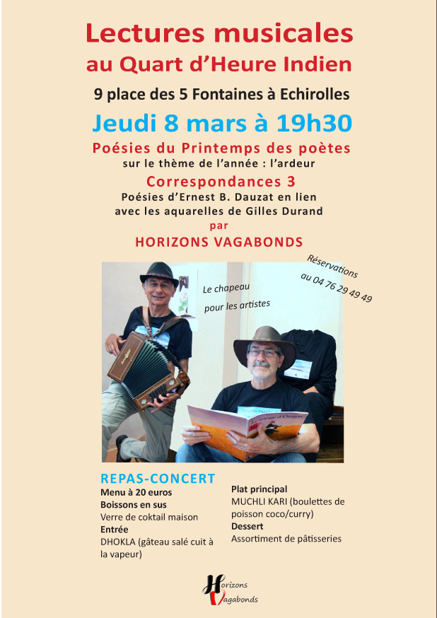 Lectures Musicales au Quart d'Heure Indien-Echirolles-8 mars2018-19h30-tel0476294949
